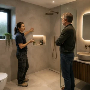 Bathroom specialist explaining a seamless microcement wall finish to a homeowner during renovation planning.