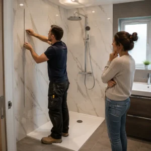 Handyman showing homeowners different bathroom wall options including timber panelling and moisture-resistant paint.
