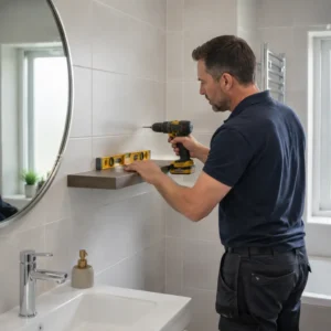 Built-in recessed shower niche providing organised storage for toiletries in a modern tiled bathroom