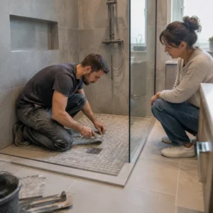 Homeowner compares textured non slip bathroom tiles with flooring specialist.