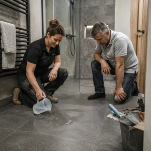 Bathroom fitter explaining level wet room installation to homeowner during renovation.
