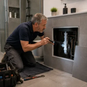Handyman inspect drain on a tiled bathroom wall using proper tools and checking alignment.