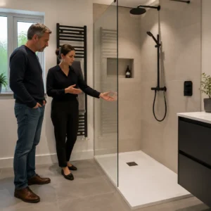 Homeowner viewing modern walk-in shower with glass screen installation design.
