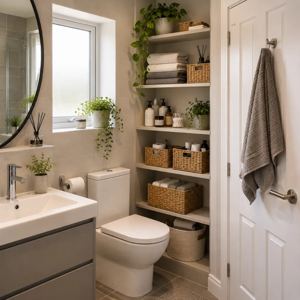 Handyman installing a floating shelf on a tiled bathroom wall using proper tools and checking alignment.