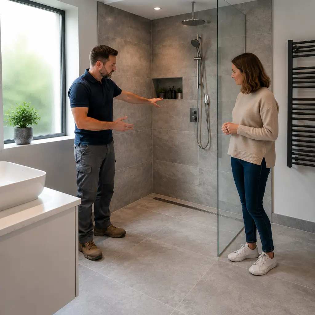 Specialist compares wet room and walk-in shower options with homeowners.